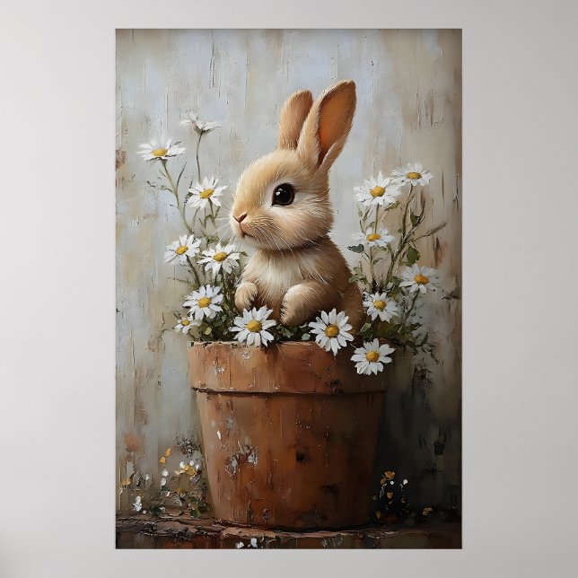 Poster Easter Rabbit Bunny In Flower Pot Print, Rustic (Devant)
