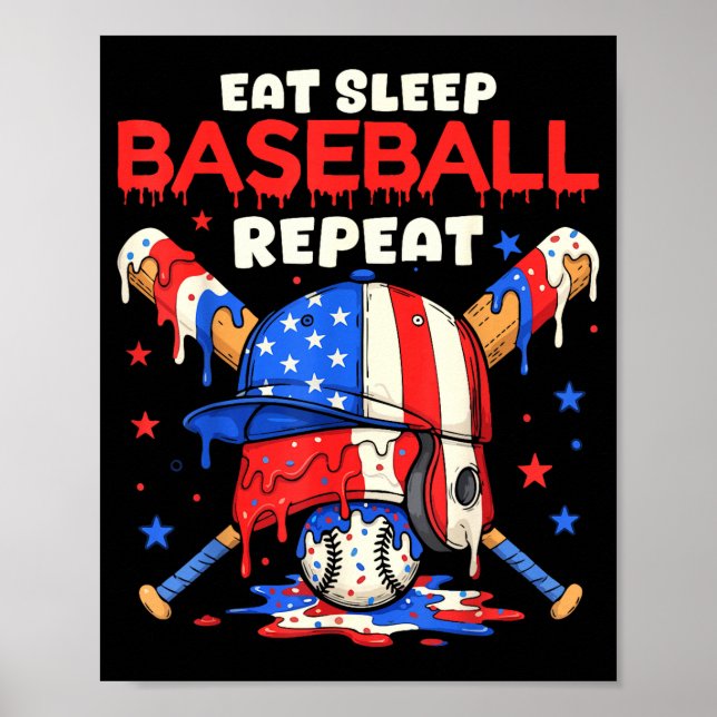 Poster Eat Sleep Baseball Repeat Funny Ice Cream Drip Cro (Devant)