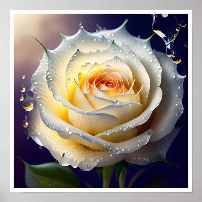 Poster Eau éclatante sur une rose blanche (Devant)