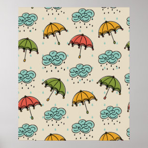 Poster Eau pluvieuse gouttes et parapluies