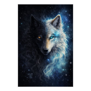 Poster Écho de la dualité – Loup jumeau cosmique   Sombre