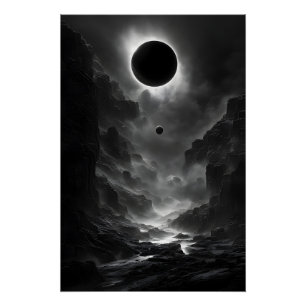 Poster Éclipse solaire noire et blanche à la nuit