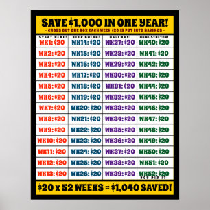 Poster Économisez 1 000 $ en un an ! Objectifs d'argent