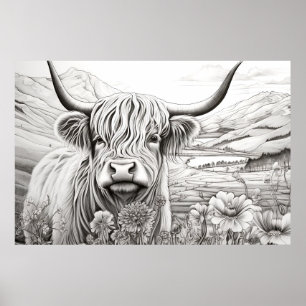 Poster Écosse Highland Cow Nature paisible Prairie Art
