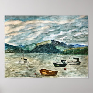 Poster Ecosse Highland Waterscape avec bateaux par Shira