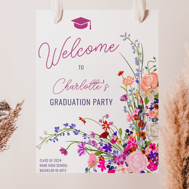 Poster Écriture fleur sauvage chic moderne bienvenue grad (Modern chic wildflower script welcome graduation poster)