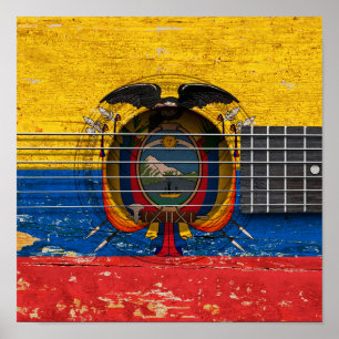 Poster Ecuadorian Flag on Old Acoustic Guitar