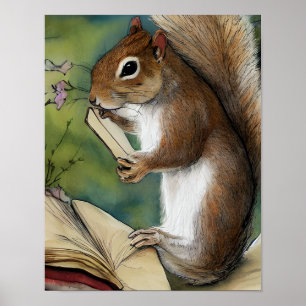 Poster Écureuil à l'aquarelle lisant un livre