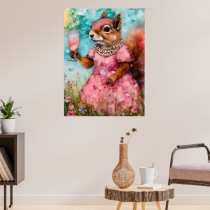 Poster Écureuil avec robe rose et un verre