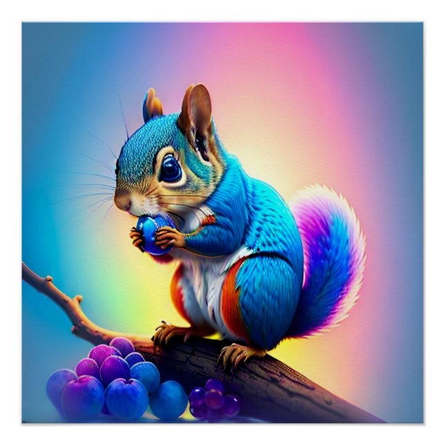 Poster Écureuil Bleu Mangeant Un Fruit-323232 (Devant)