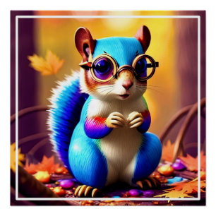Poster Écureuil bleu mignon avec lunettes
