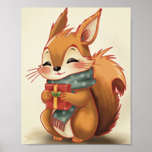 Poster Écureuil Cozy avec un Cadeau – Bois Fantaisiste d'