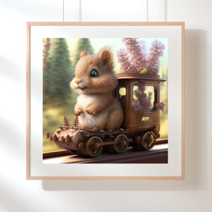 Poster Écureuil Mignon dans un Train Art Personnalisé pou