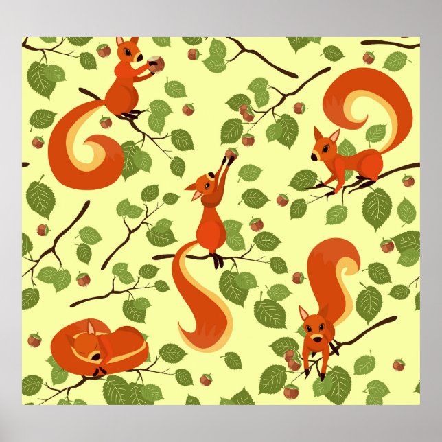 Poster Écureuil rouge dans des branches noisettes. (Devant)