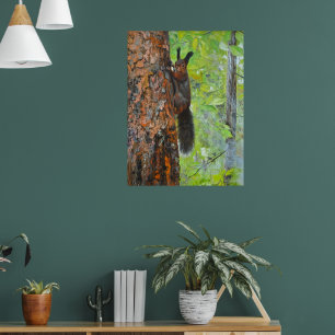 Poster Écureuil sur pin – Peinture à l'huile réaliste