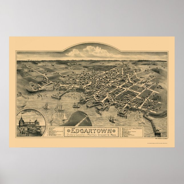 Poster Edgartown, MA Carte panoramique - 1886 (Devant)