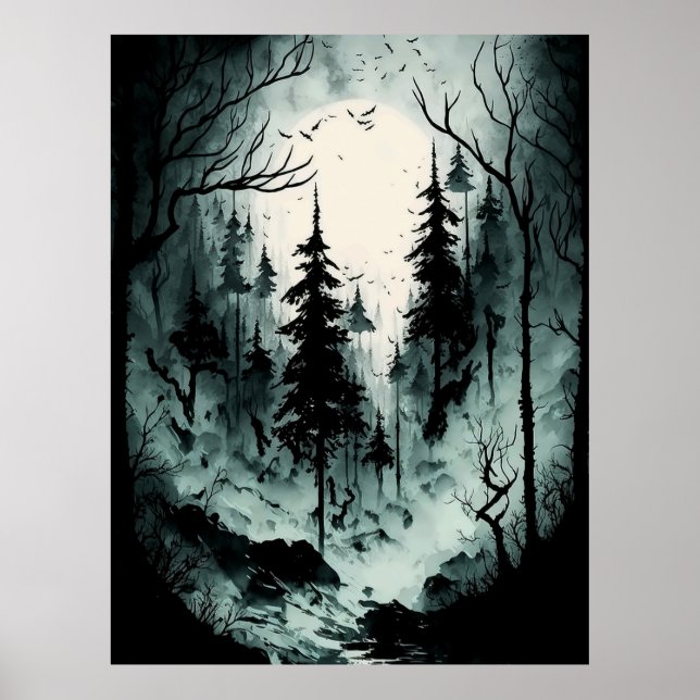 Poster Eerie Forêt d'encre noire et blanche dans le broui (Devant)
