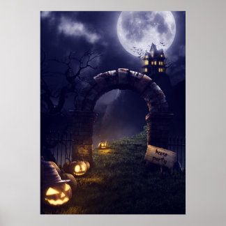 Poster Eerie Halloween Pleine lune de nuit & Maison hanté
