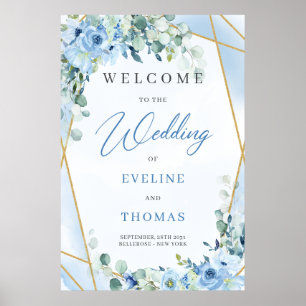 Poster Eeucalyptus floral bleu glace et cadre or bienvenu