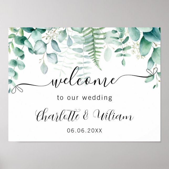 Poster Eeucalyptus mariage script vert bienvenue (Devant)