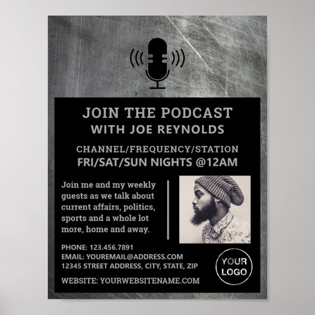 Poster Effet métallique rayé, Podcaster, Podcast Advert (Devant)