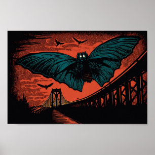 Poster Éffrayant Mothman and Bridge Woodcut Art Imprimer