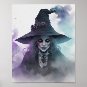 Poster Effrayant Réaliste Sorcière aquarelle Fog Hallowee