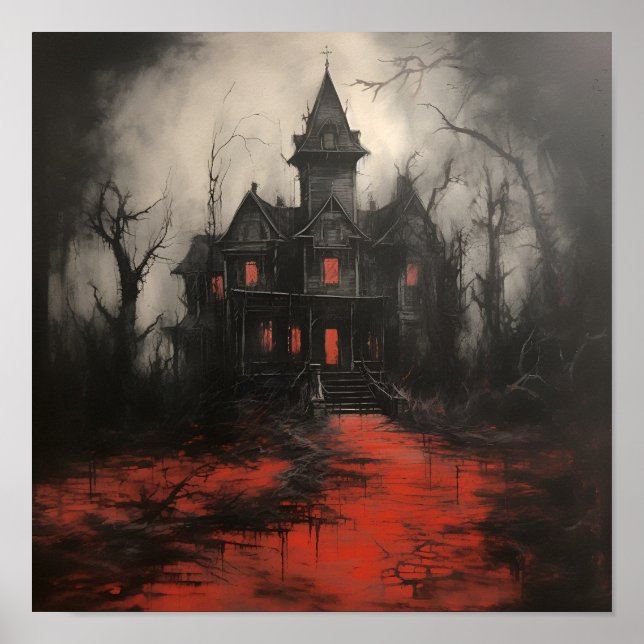 Poster effrayant rouge acrylique maison hantée Halloween  (Devant)