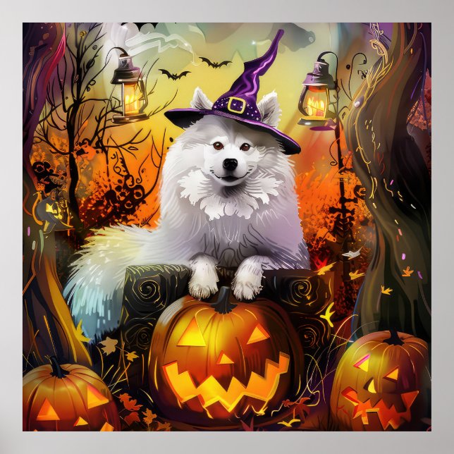Poster Éffrayant Samoyed Chien Halloween sorcière et Citr (Devant)