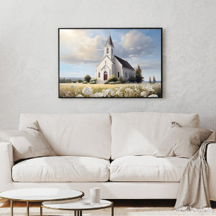 Poster Eglise blanche dans un champ floral religieux