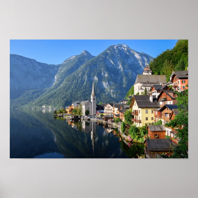 Poster Église et village de Hallstatt, Autriche avec Alpe (Devant)