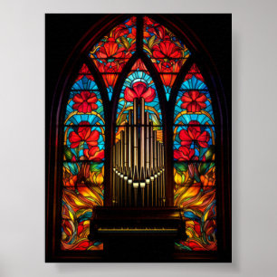 Poster Église rouge poppy gothique orgue à tuyaux verre t