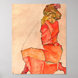 Poster Egon Schiele - Kneeling Femme En Robe Rouge Orange