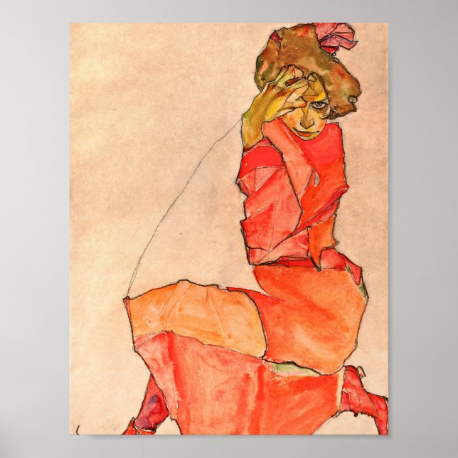 Poster Egon Schiele - Kneeling Femme En Robe Rouge Orange (Devant)