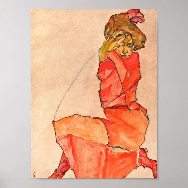 Poster Egon Schiele - Kneeling Femme En Robe Rouge Orange (Devant)