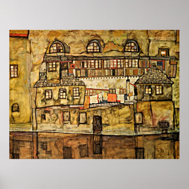 Poster Egon Schiele - Mur de maison sur la rivière (Devant)
