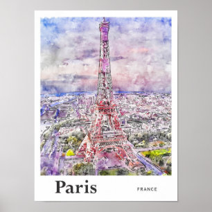 Poster Eiffel Paris France Voyage Aquarelle Main tirée