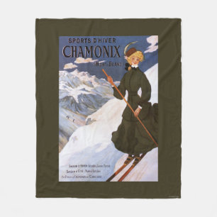 Poster einer Frau beim Skifahren in Grün Fleecedecke