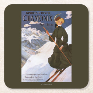Poster einer Frau beim Skifahren in Grün Rechteckiger Pappuntersetzer