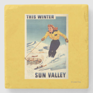 Poster einer rothaarigen Frau, die lächelt und Ski Steinuntersetzer
