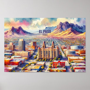 Poster El Paso Texas Famous Travel Places aquarelle