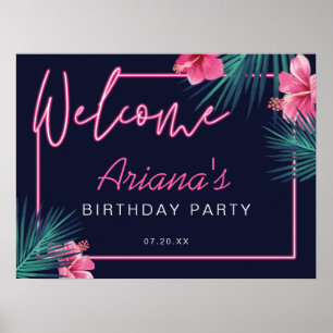 Poster Electric Neon rose Tropical Bienvenue Anniversaire