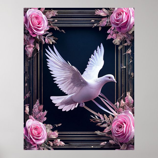 Poster Élégance De La Colombe Blanche Aux Roses Roses Ros (Devant)