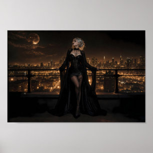 Poster Élégance de la skyline gothique sous la lune - Aff