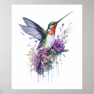 Poster Élégance florale - Aquarelle Colibri