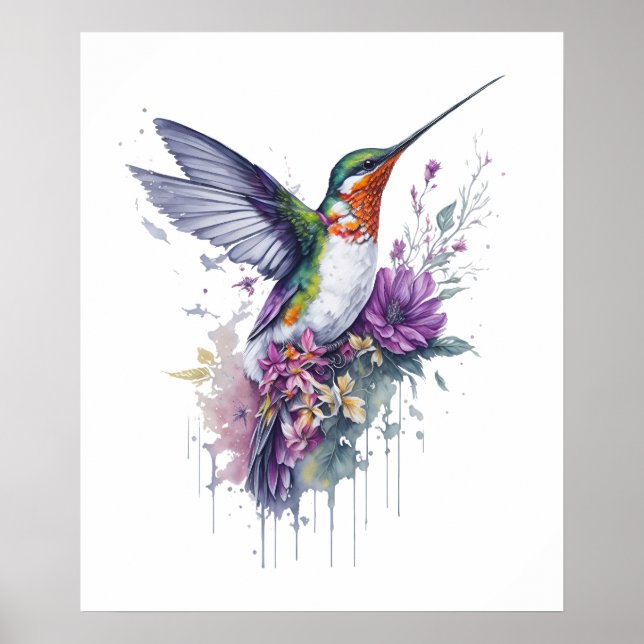 Poster Élégance florale - Aquarelle Colibri (Devant)