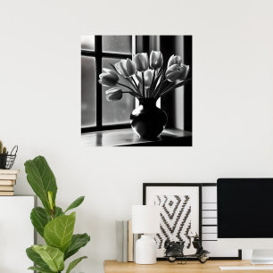 Poster "Élégance monochrome : Tulipe blanche noire et vie