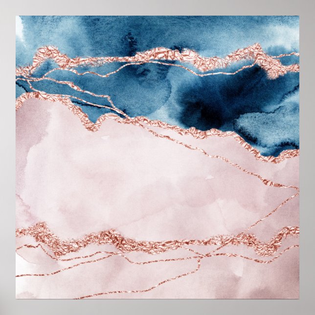 Poster Élégance mystique | Turquoise Bleu et Rose Or Agat (Devant)