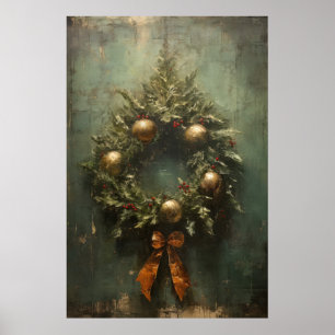Poster Elégance rustique Verte et or couronne de Noël