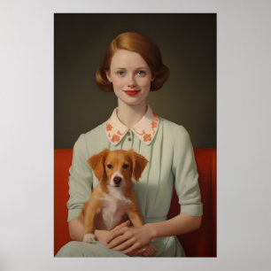 Poster Élégance vintage : Femme avec chiot dans Pastel